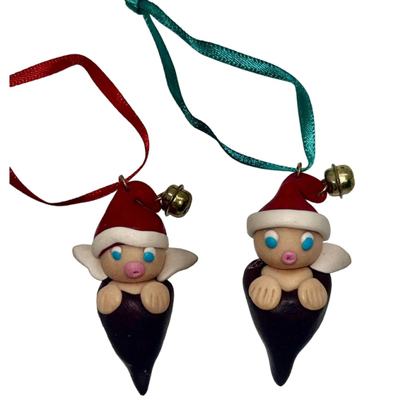Handmade Other - Set of 2 Vintage Handmade Elf Clay Christmas Ornaments with Bell Unique Decor